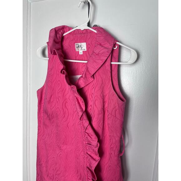 Milly Women's Preppy Pink Jacquard Ruffle Sleeveless Shift Short Dress Size 4 - Picture 2 of 8